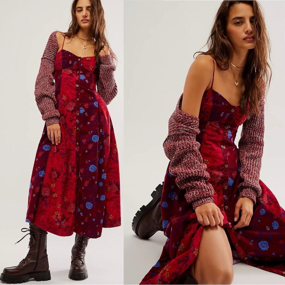 Free People Red Floral Midi Dress Witchy Goth Grunge 90’s inspired